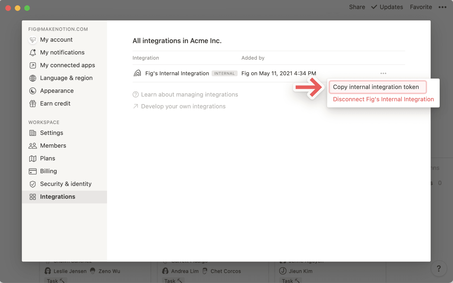 Adicionar e gerenciar integrações - token de integração interna