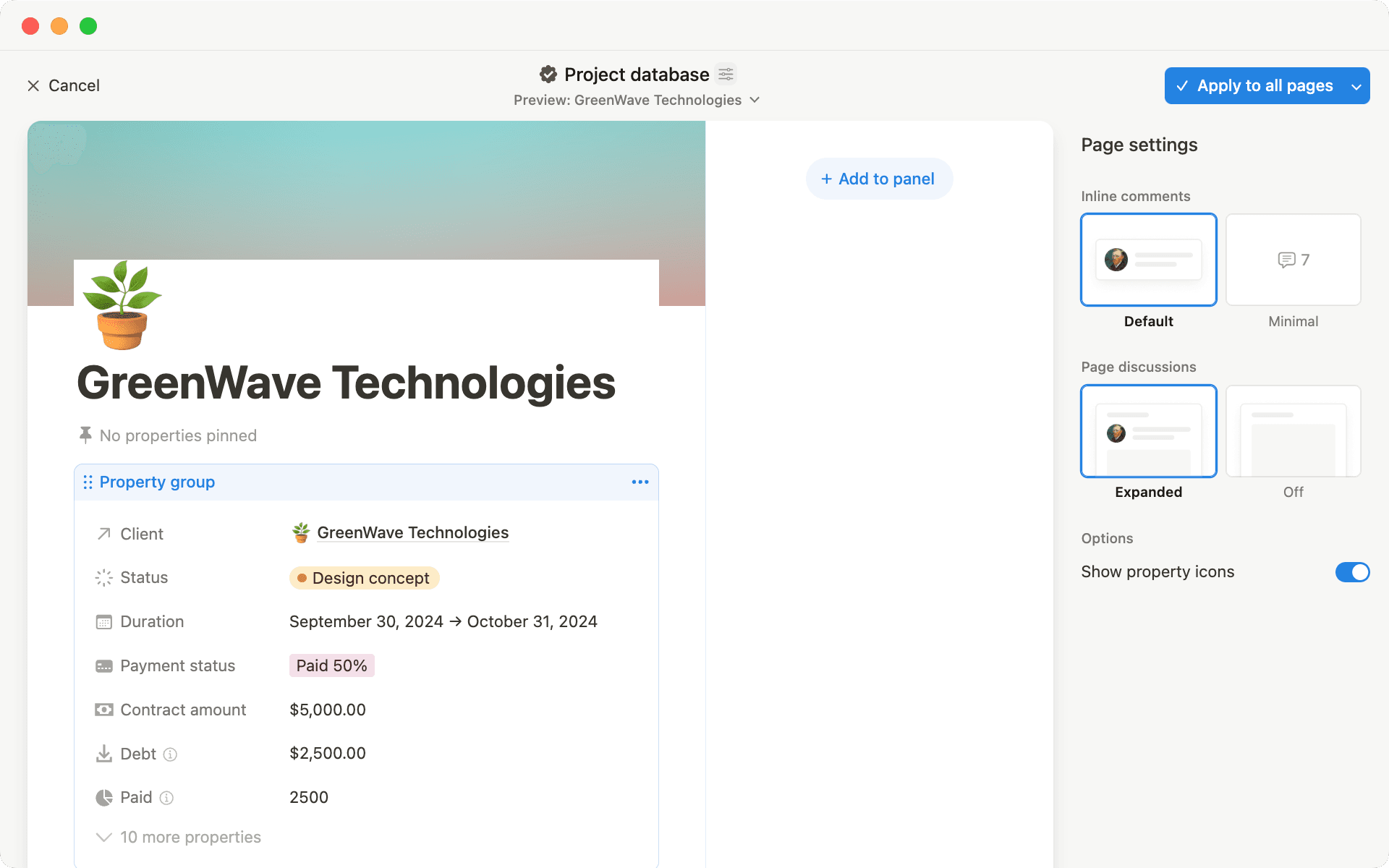 O criador de layouts permite que você personalize tudo na página da base de dados — desde fixar propriedades até criar um novo painel lateral.