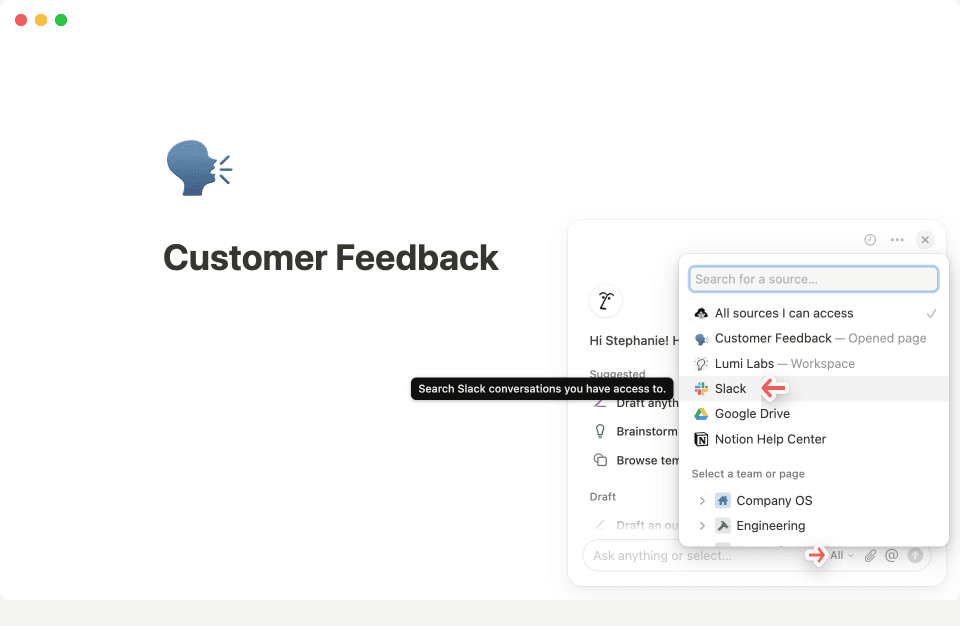 Clique no Menu de três pontos no canto superior direito do chat da IA do Notion para se conectar ao Slack.