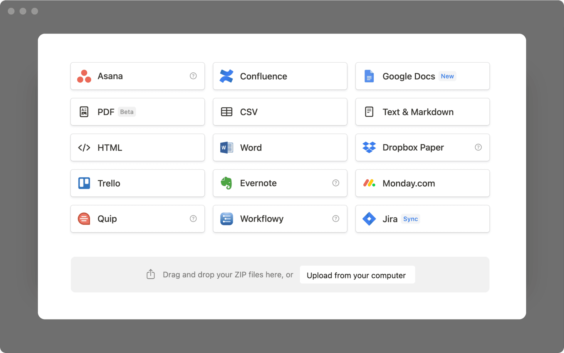 Menu de importações