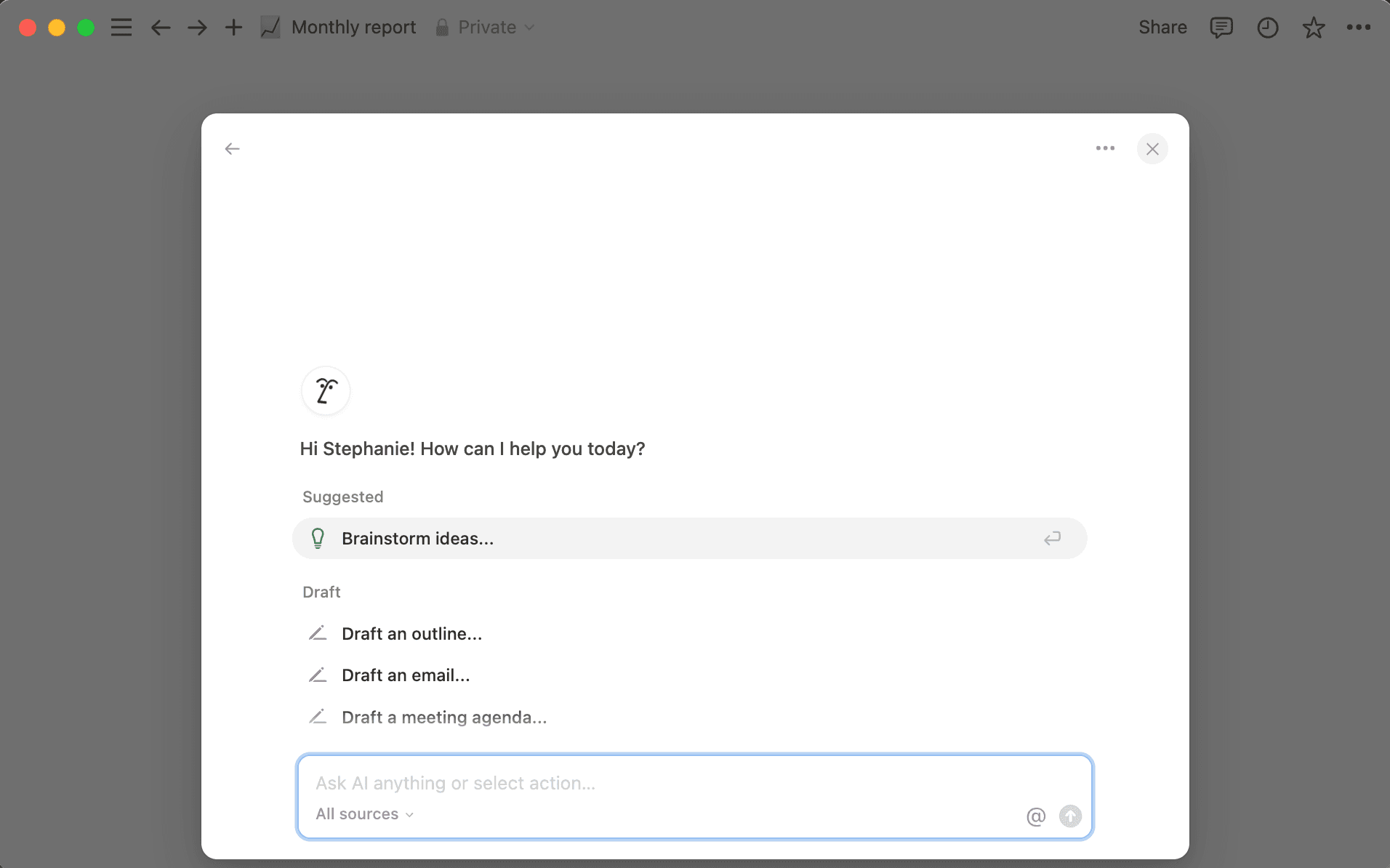 Abra a IA do Notion instantaneamente com o atalho do teclado: Shift+Cmd+J (Mac) ou Shift+Ctrl+J (Windows)