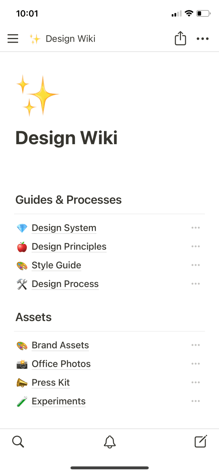 Captura de tela do aplicativo móvel do Notion
