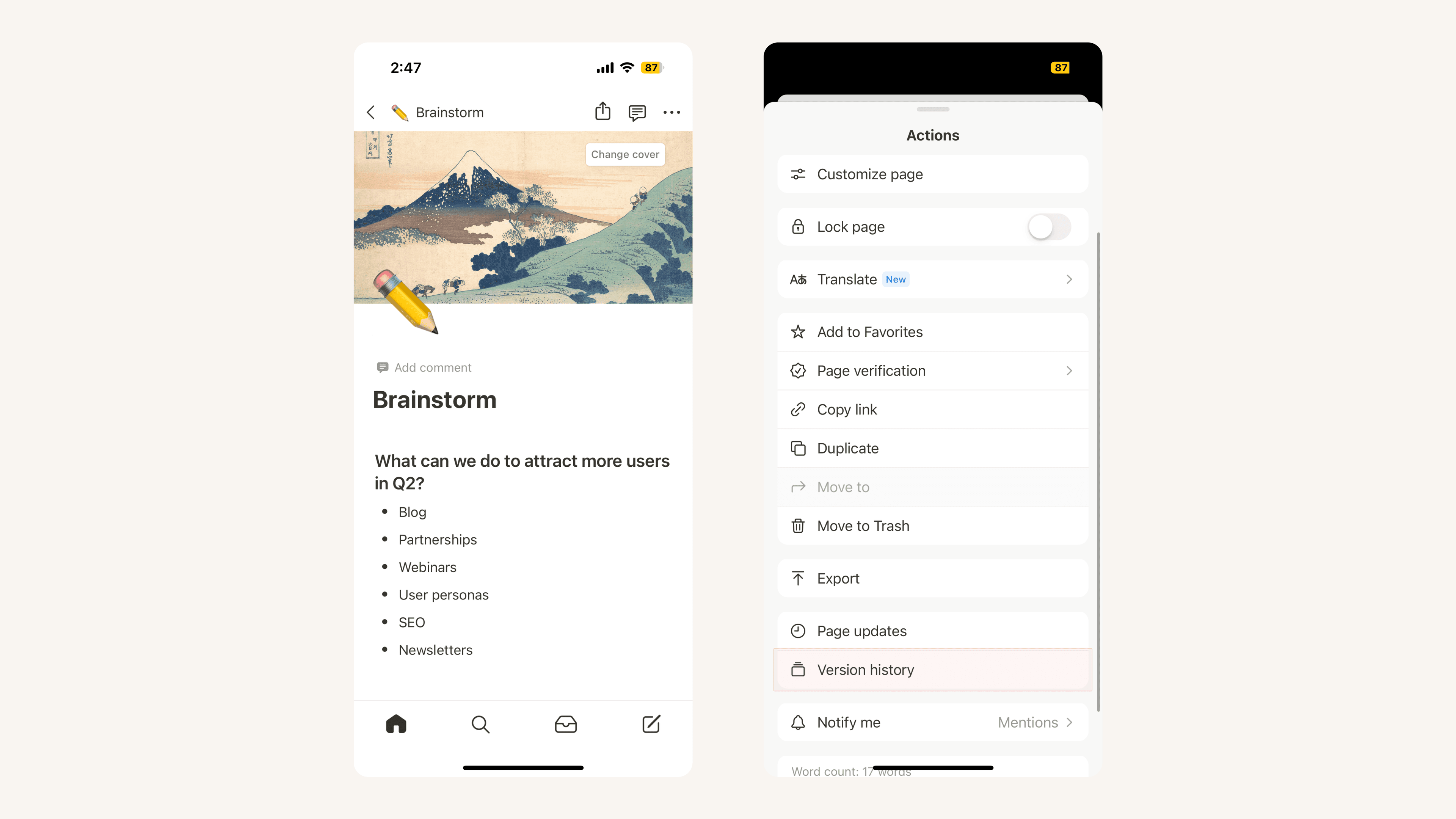 Histórico da página em dispositivos móveis