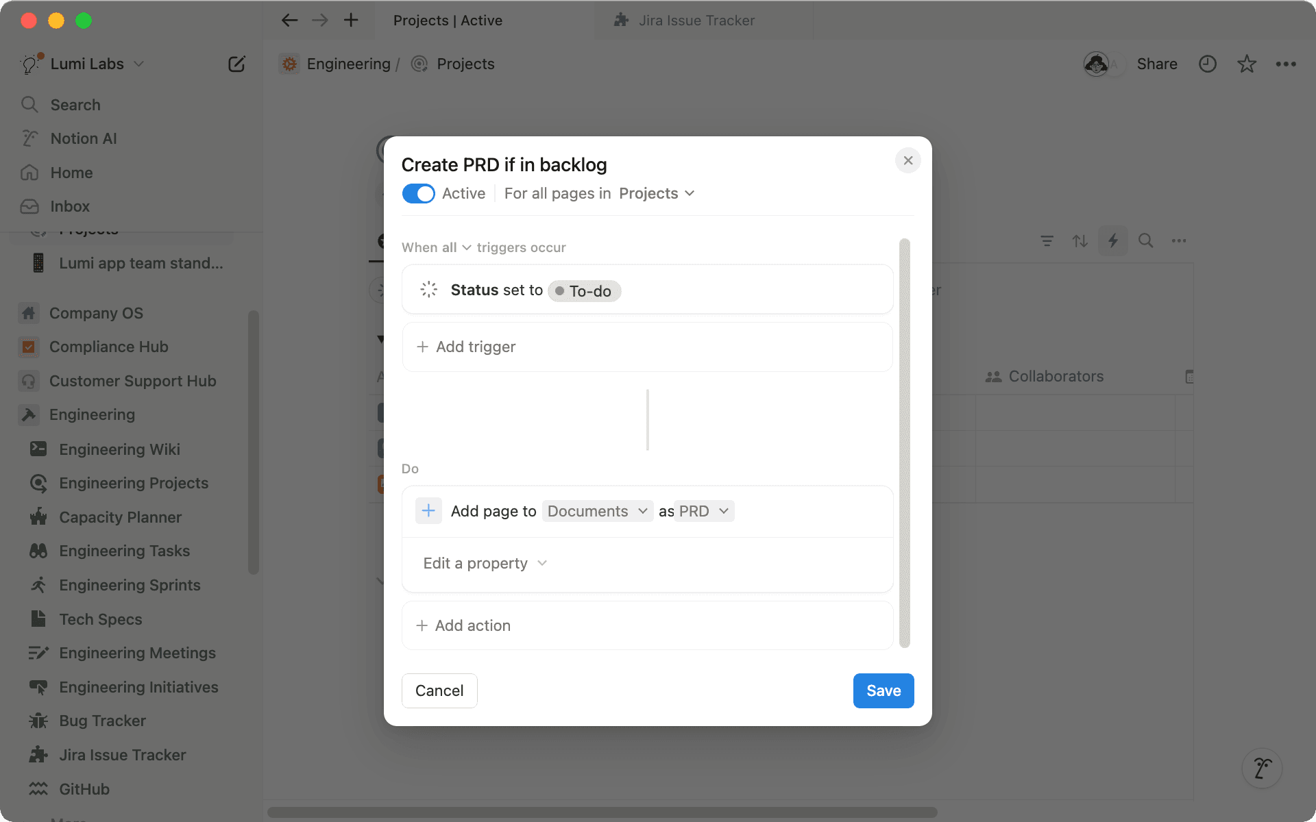 Adicionar uma nova página com um modelo de PRD automaticamente quando alguém criar um novo épico no Jira