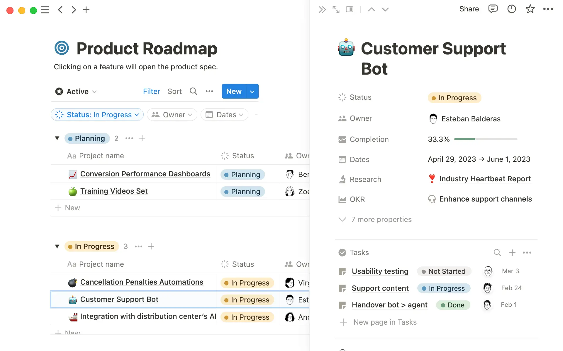 Use bases de dados para conectar seu roadmap a projetos e documentos.