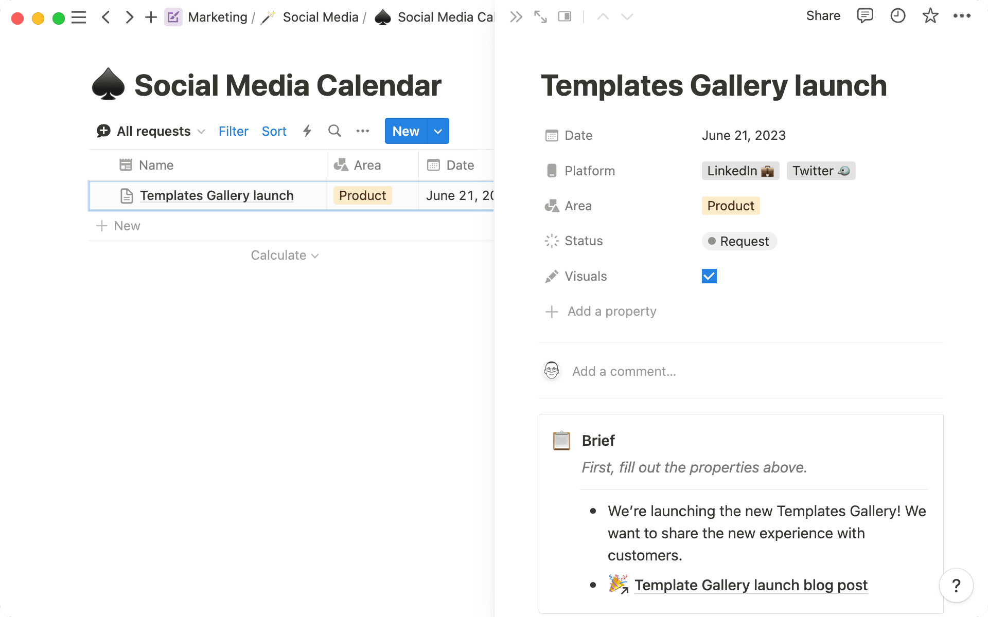 O sistema de pedidos de redes sociais, onde as equipes adicionam detalhes e links para todas as postagens futuras nas redes.