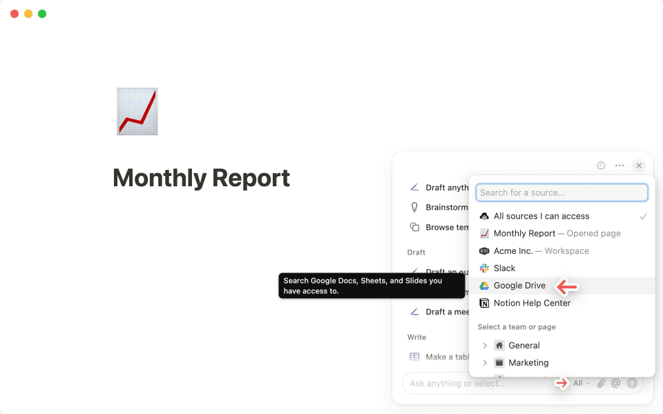 Clique no Menu de três pontos no canto superior direito do chat da IA do Notion para se conectar ao Google Drive.