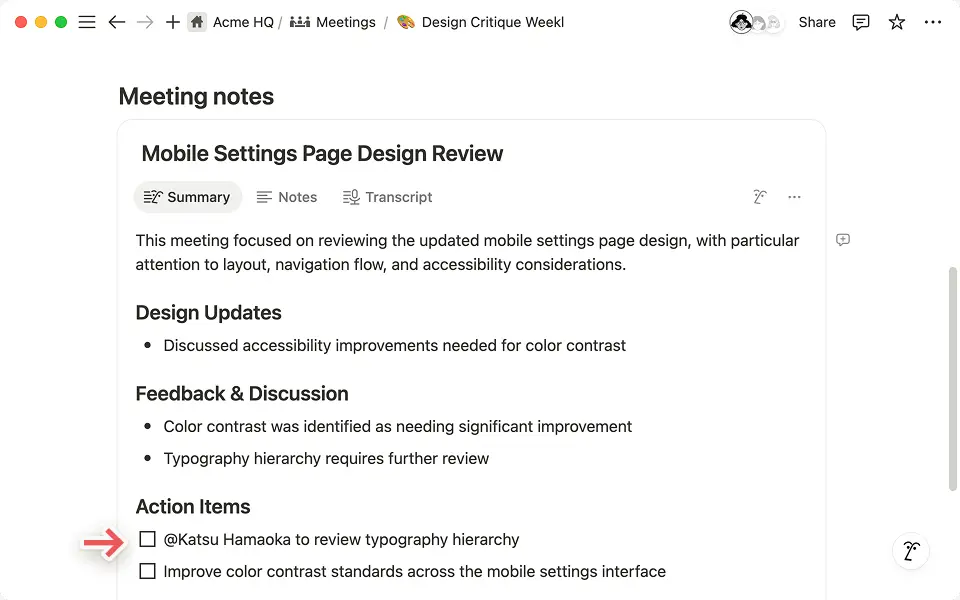 A IA do Notion marca automaticamente as pessoas certas na guia de resumo quando você as marca nas suas anotações.