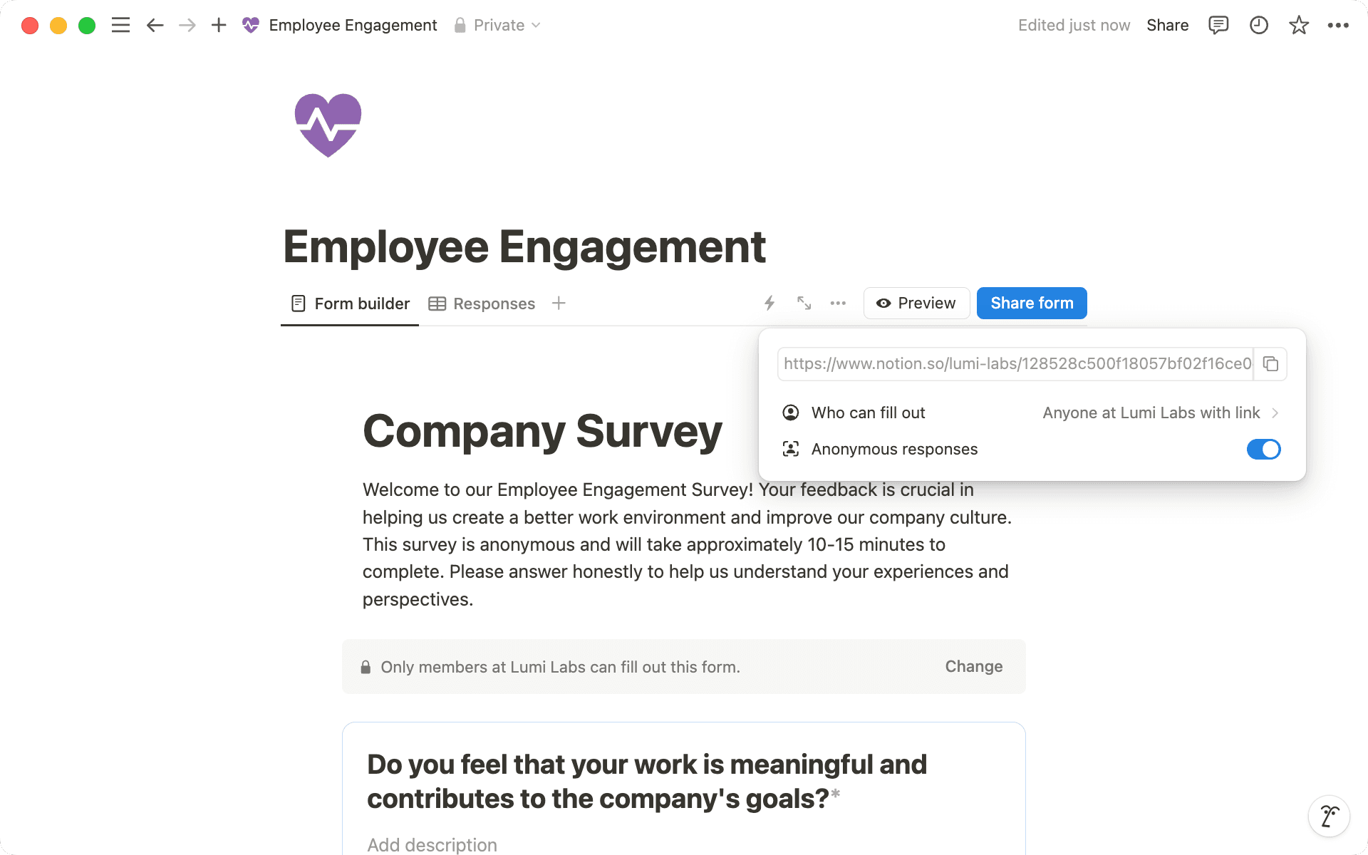 Ao selecionar "Compartilhar formulário", ative a opção "Respostas anônimas"