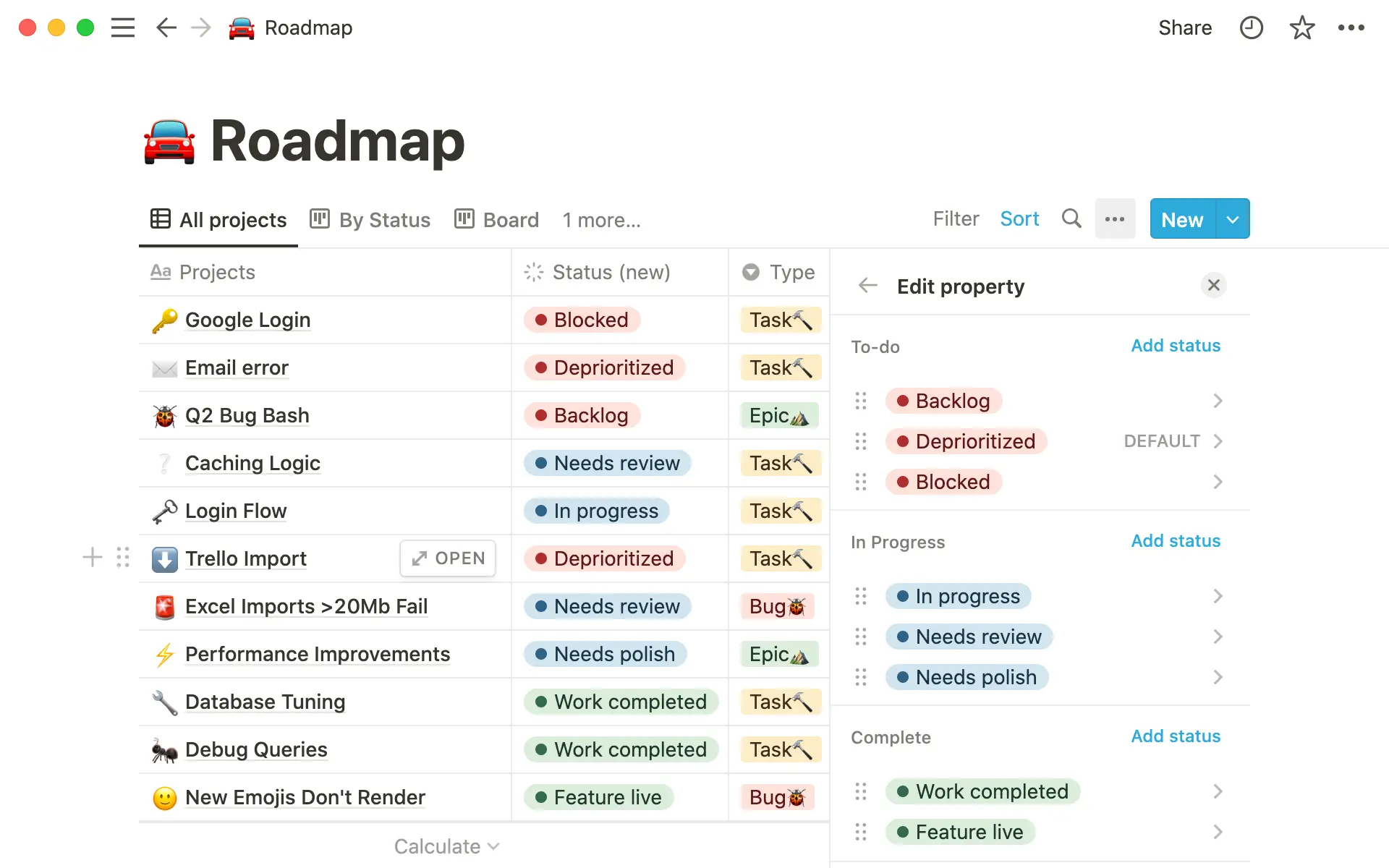 Com a propriedade de status, você mostra rapidamente o status de uma tarefa — e adiciona subcategorias customizadas.