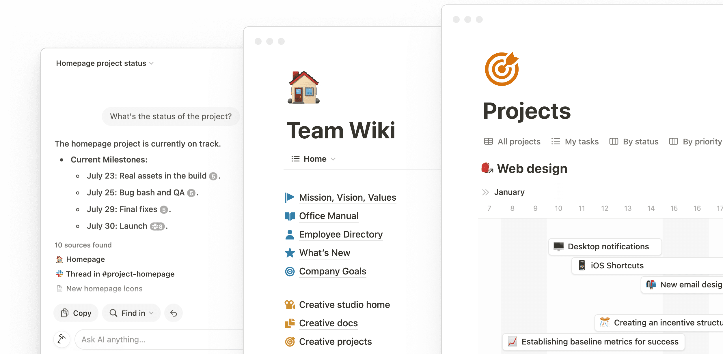 Notion workspace displaying task list and team wiki side-by-side