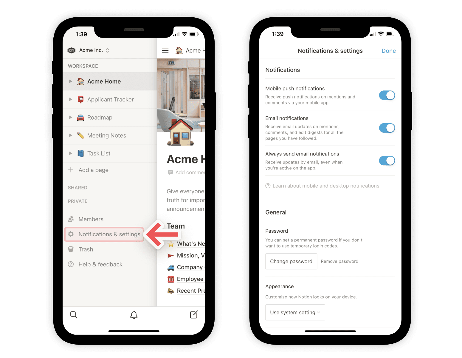 Configurações de notificação - dispositivo móvel