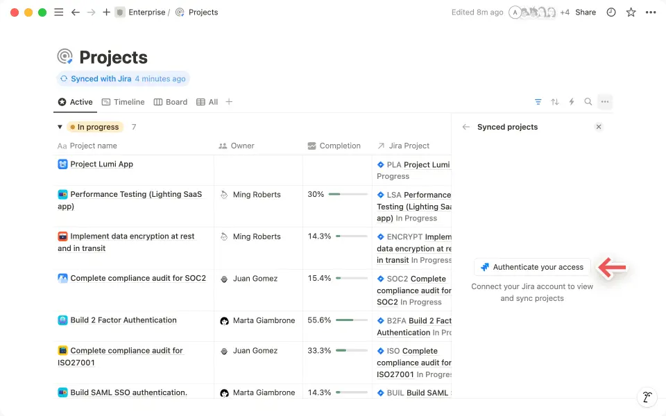Clique em "Autenticar seu acesso" para verificar sua identidade e trazer projetos do Jira para o Notion