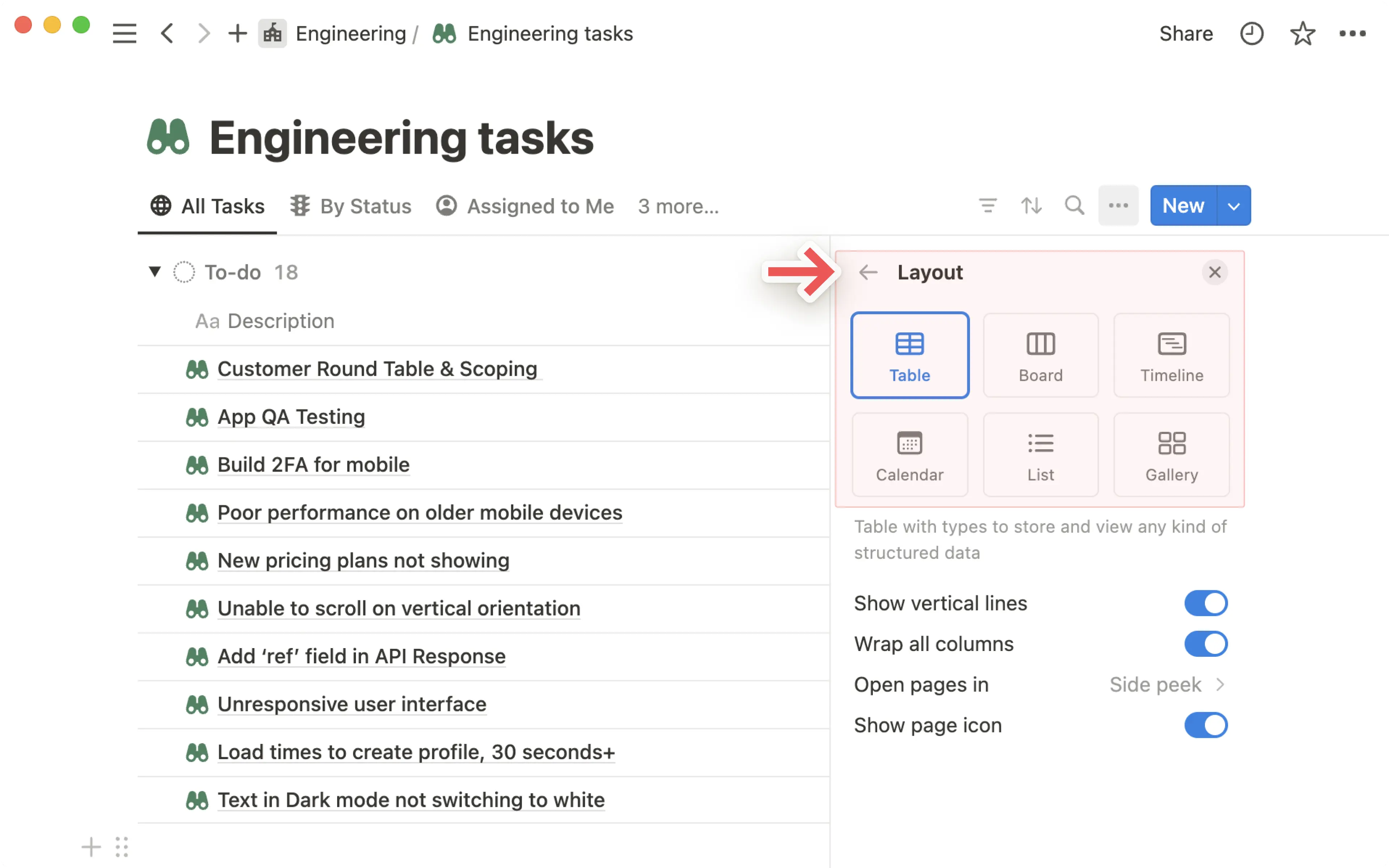 Layout da visualização