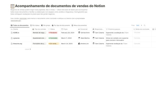 Acompanhamento de documentos de vendas do Notion